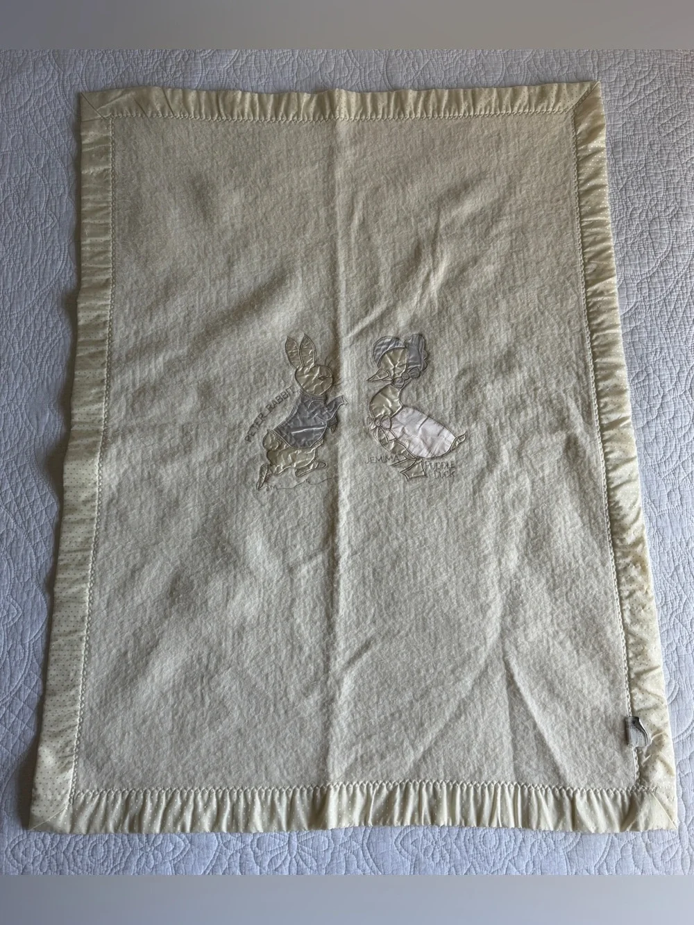 Vintage Quiltex Beatrix Potter Peter Rabbit Embroidered Satin Edge Baby Blanket